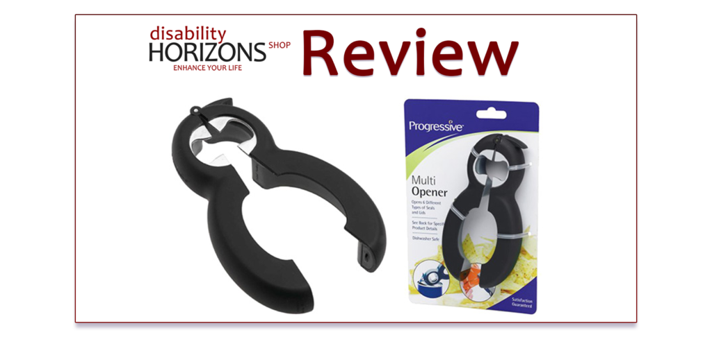 Image is a white rectangle with the Disability Horizons shop logo and text which reads "Review". Below this is a photograph of the Progressive 6-in-1 opener