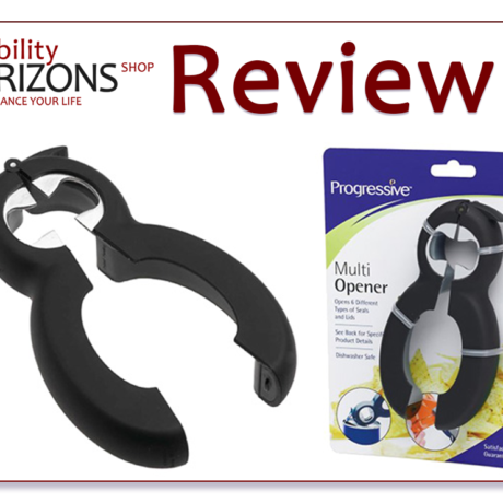 Image is a white rectangle with the Disability Horizons shop logo and text which reads "Review". Below this is a photograph of the Progressive 6-in-1 opener