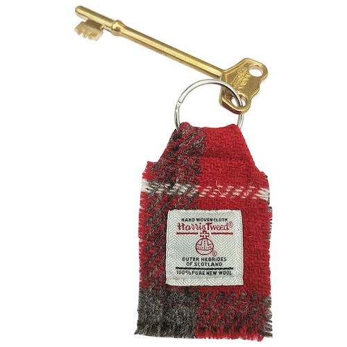Brass Radar key with Harris Tweed fob - red 