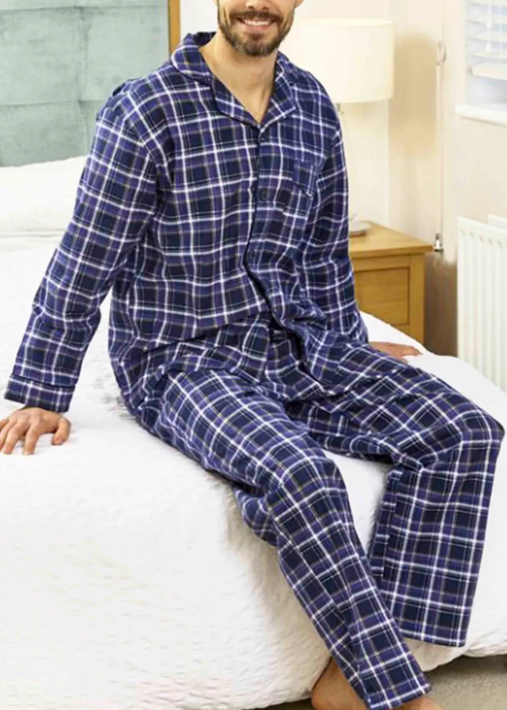 Men's Lewis brushed cotton velcro front fastening PJ set - blue check