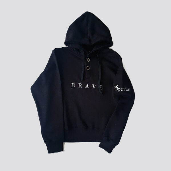 Black pull on hoodie with BRAVE written in white capital letters on the front and the Optivus logo on the left sleeve