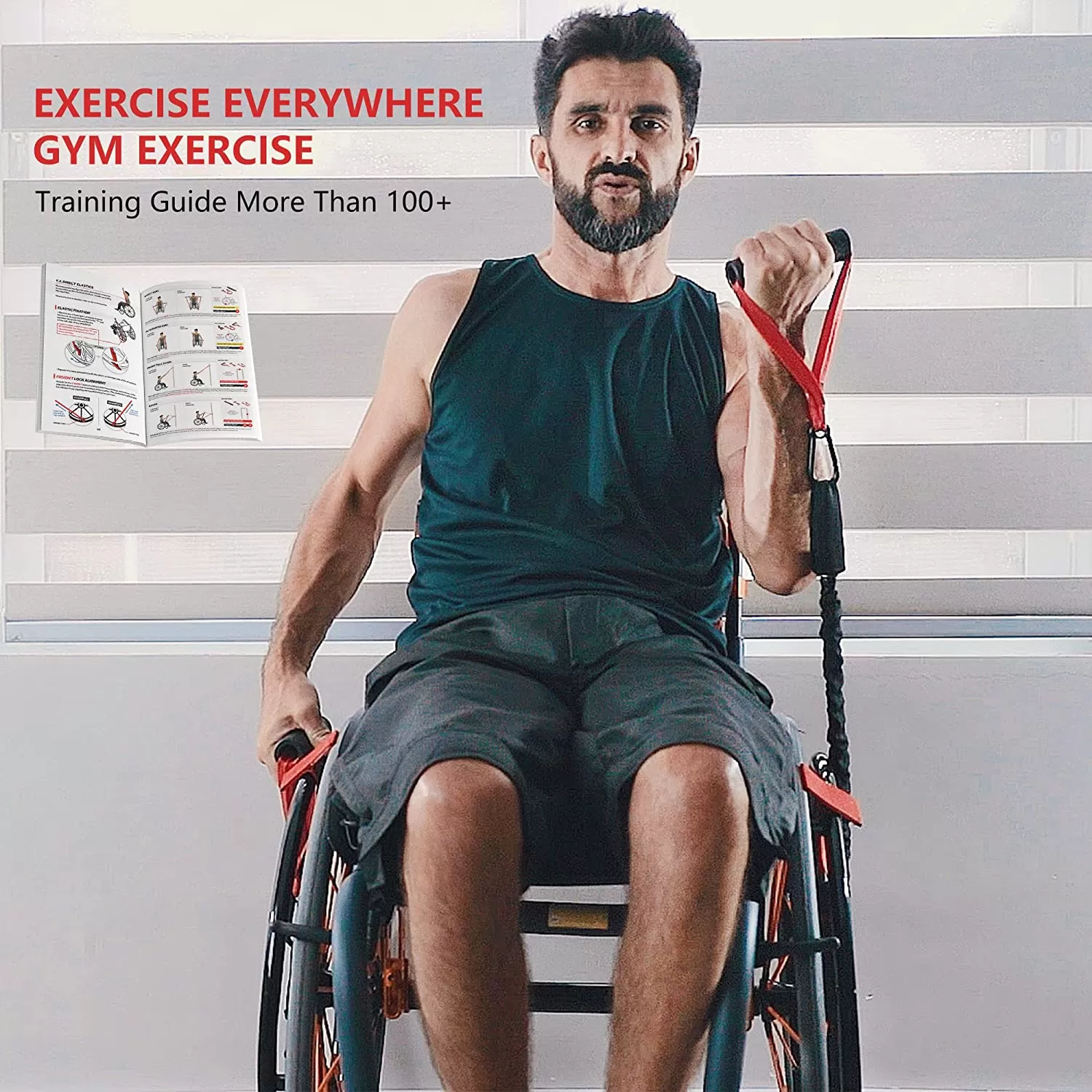 wheelcahir user in gymwear using a resistance band whilst seated