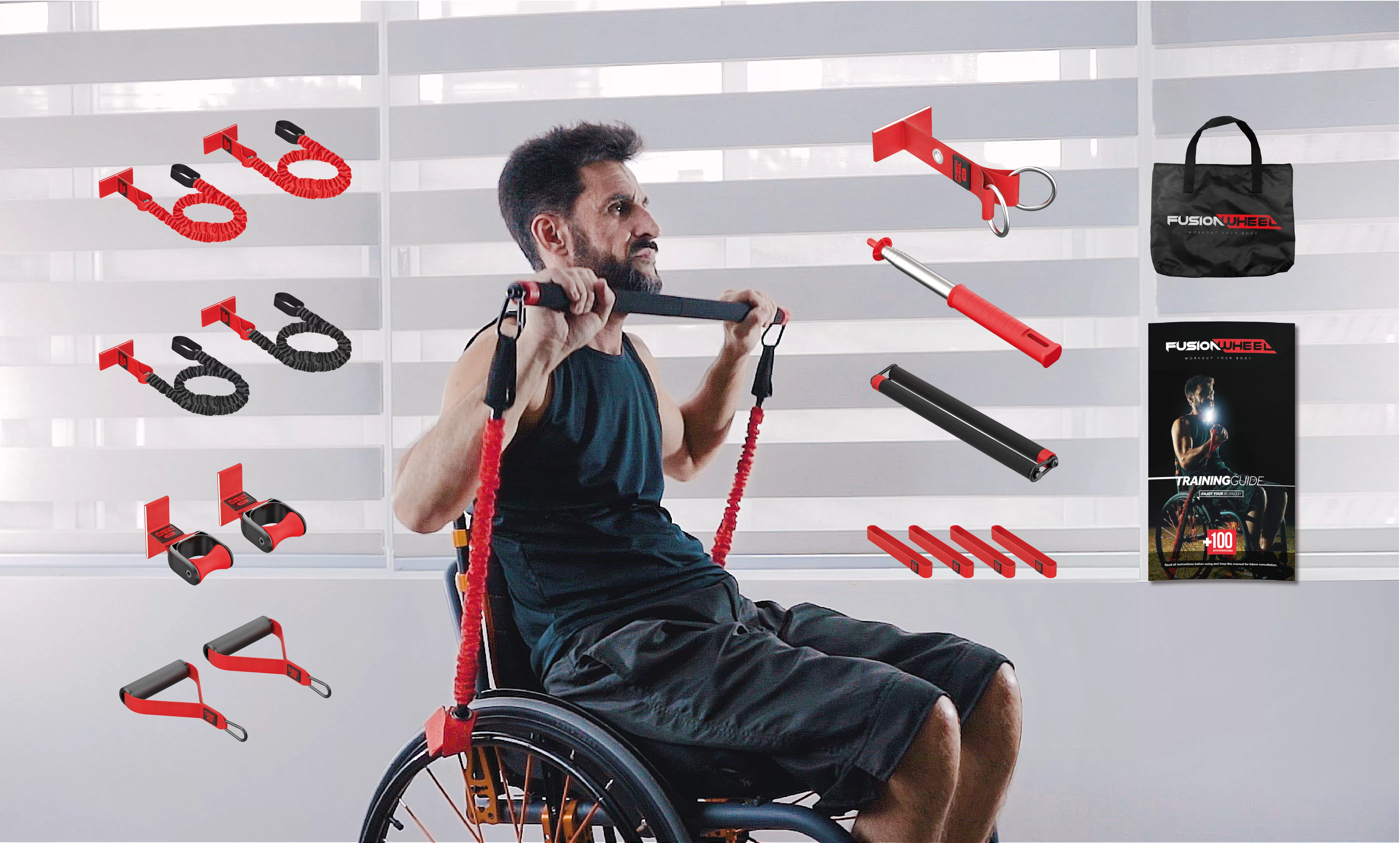 shows man doing upper body exercise with all the items in the box shown