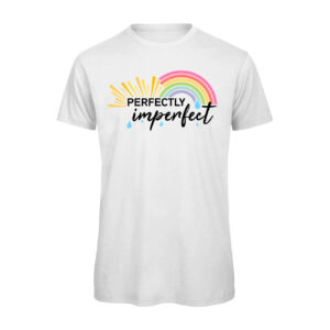 Image is a white t-shirt, featuring sun rays, rain drops and a rainbow. Text on the shirt reads "Perfectly imperfect"