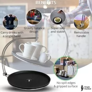 Image shows a montage of photographs, each showcasing the features of the Tipsi Tray. Text reads "Carry drinks with a single hand. Gravity balance design. Super safe and stable. Removable handle. No spill edges and gripped surface."