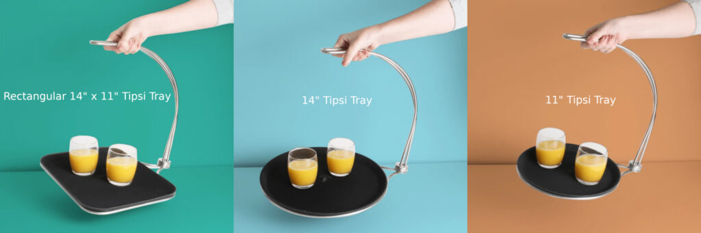 Image displays the three different sizes and shapes of Tipsi Tray, including rectangular and round in sizes 11 inches and 14 inches.