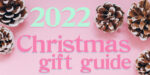 Pinecones scattered across a light pink background, with blue and pink text which reads "2022 Christmas gift guide".