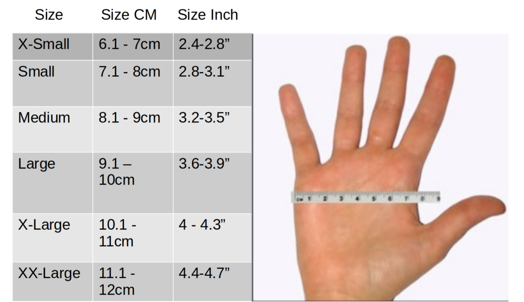 size chart: Extra small = 6.1 to 7cm, Small = 7.1cm to 8cm , Medium = 8.1 to 9cm, Large = 9.1 to 10cm , Extra Large = 10.1 to 11cm, Extra Extra large = 11.1 to 12cm
