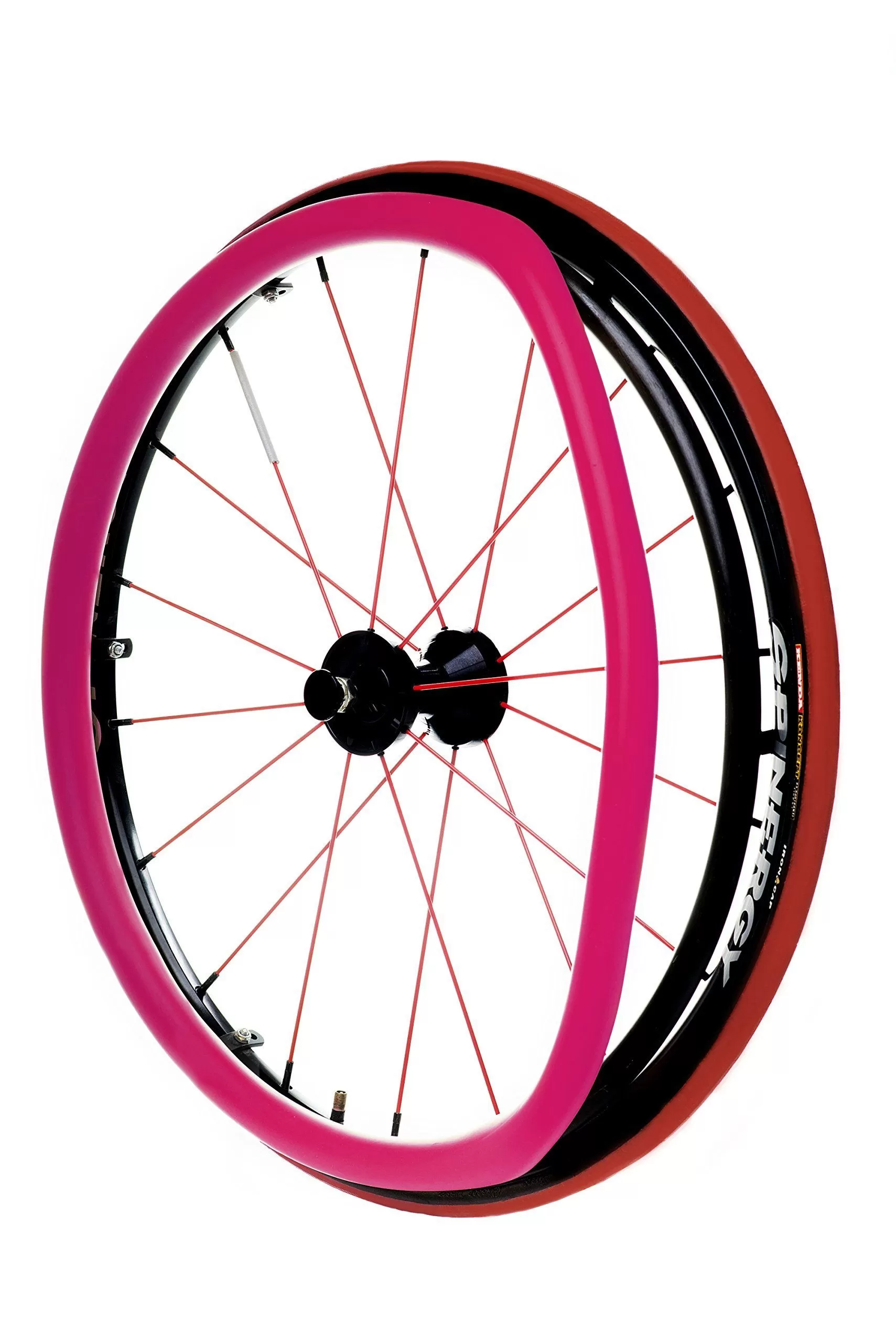 A rubber cover on a pushrim in pink