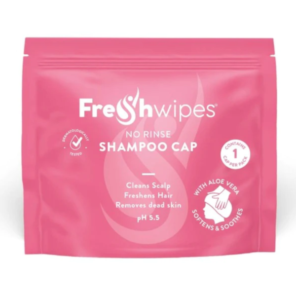 Pink packaging of no water hair wash caps