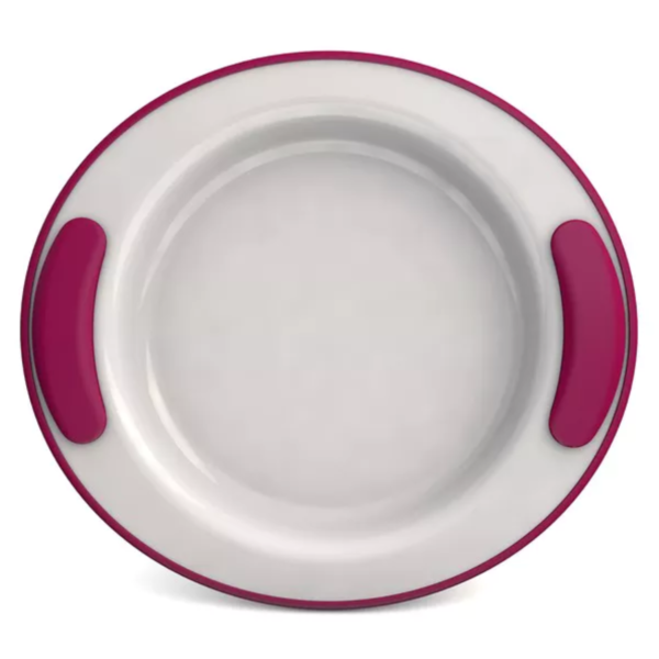 Ornamin Keep Warm Plate a red bowl showing removeable grips that can be usd to add hot or cold water to keep things a the correct temperature
