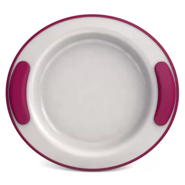 Ornamin Keep Warm Plate a red bowl showing removeable grips that can be usd to add hot or cold water to keep things a the correct temperature