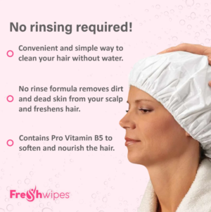 text image: No rinsing required! Convenient and simle way to clean your hair without water.No rinse formula removes dirt and ded skin from your scalp and freshens hair. Contains Pro Vitamin B5 to soften and replenish hair