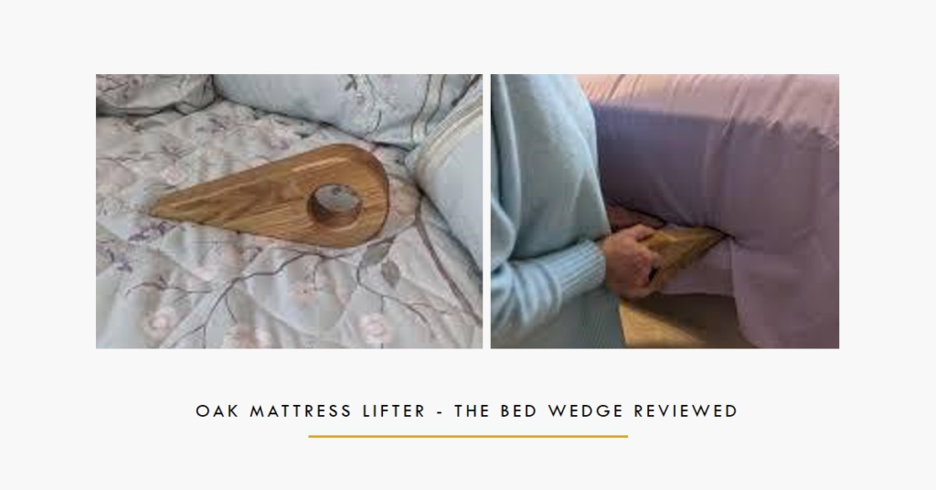 Composite image showing a mattress rasier in use and text: "Oak Mattress Lifter - The Bed Wedge reviewed"