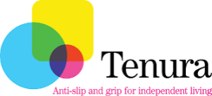 Tenura anti-slip and grip for independence logo, blue circle overlapping a yellow square and a red circle