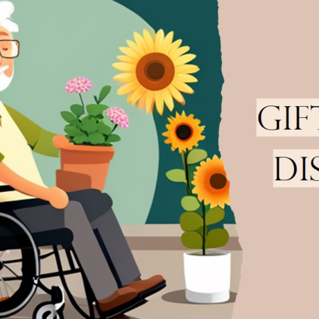 Digital art of an. older man in a wheelchair with gardening tools. Text "Gifts for disabled dads"