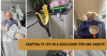 Text: adapting to life in a wheelchair, tips and gadgets, three images, James in hospital bed showing his stump, a reacher grabber and a trabasack with a muggi cup holder on it