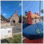 Composite image of William Blakes thatched cottage and a knitted model of the the cottage on a post box nearby