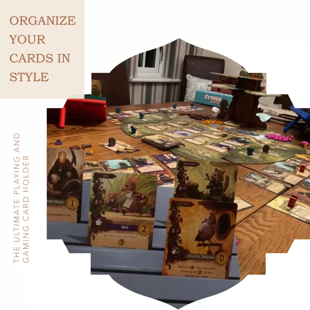 Text "Organise your cards in style -The ultimate Playing card holder", image of card holder in use on a full table of Magic the gathering cards