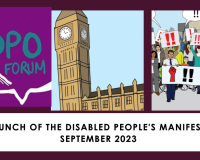 composite image using the peoples voice carttons of parliament and people protesting and the DPO logo
