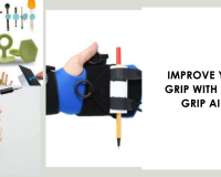 composite image including a functional hand grip aid and an active hands gripping glove for small items and the new grip toggle being shown with various small items, Akso Text "Improve your grip with grip aids"