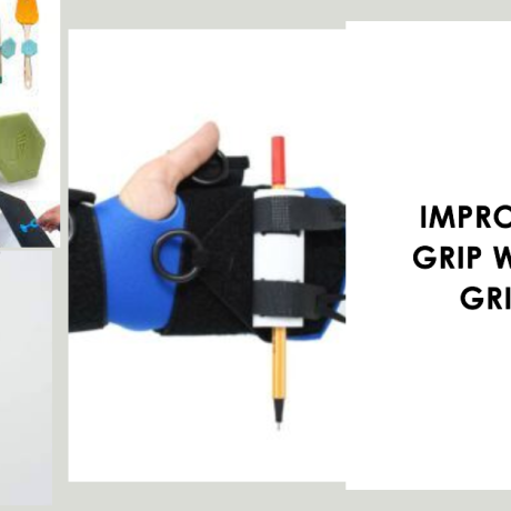 composite image including a functional hand grip aid and an active hands gripping glove for small items and the new grip toggle being shown with various small items, Akso Text "Improve your grip with grip aids"