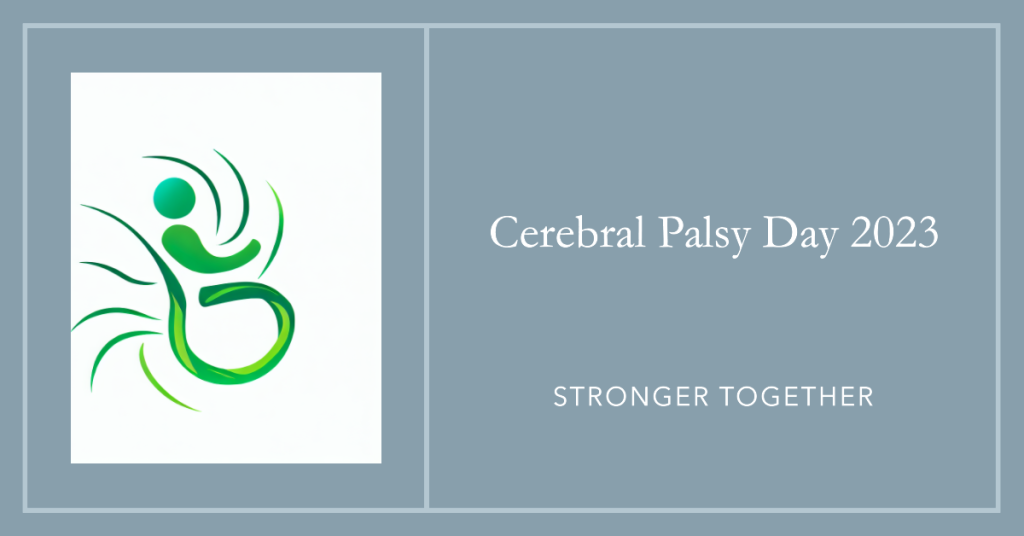 Cerebray Palsy Day wordpress header "Stronger Together" green wheelchair logo