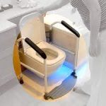 shows the toliet sfety rail around a toilet with easy to hold arm rests