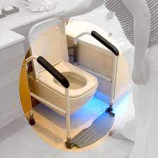 shows the toliet safety rail around a toilet with easy to hold arm rests