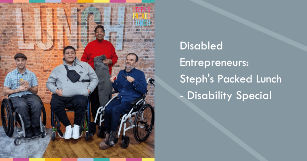 Three wheelchair users in a tv studio, Rob Smith form active hands wearing a cap, Grant from S'up Spoon, and Carron form Bealie's Joggers and her son.