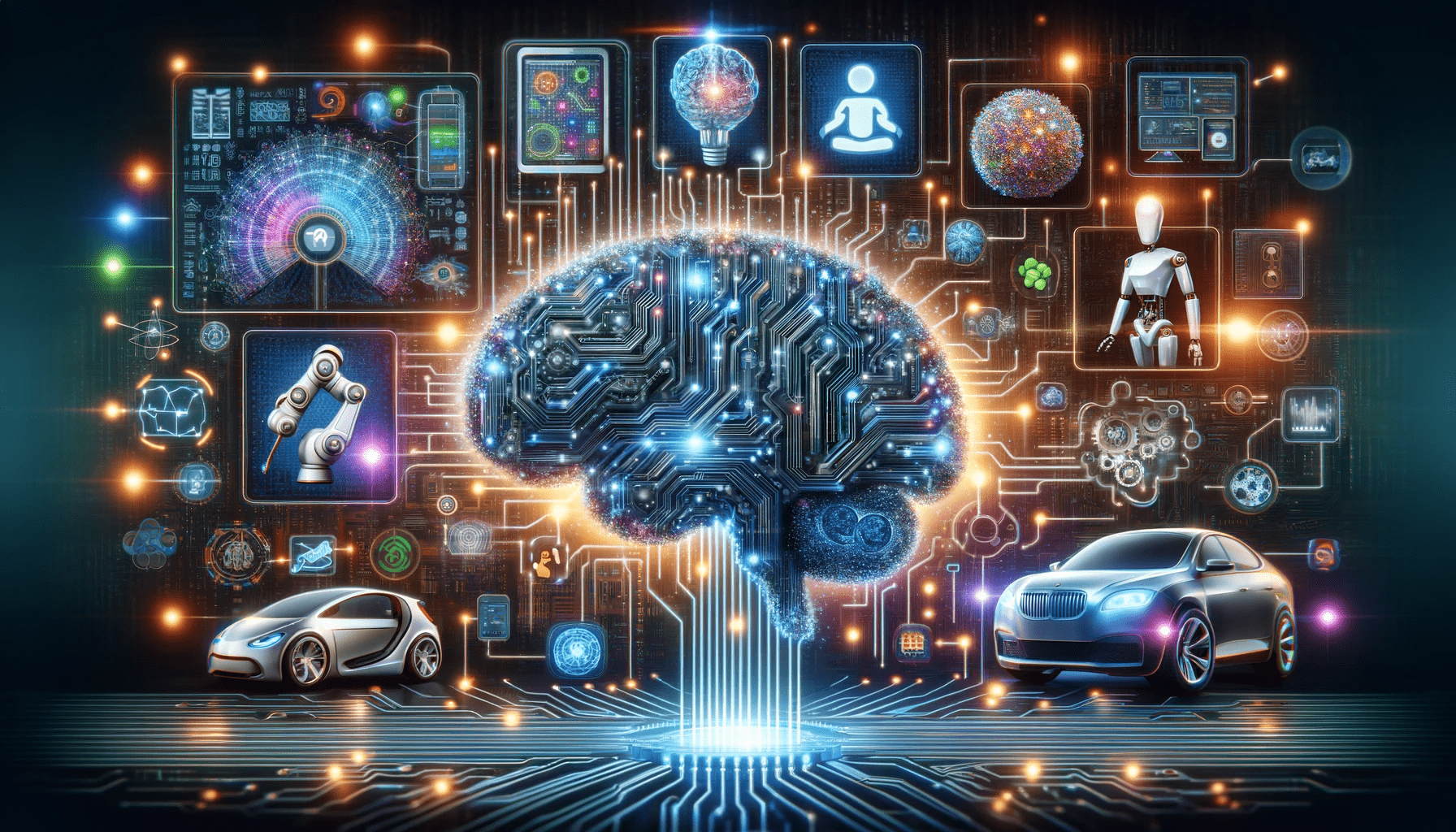  a conceptual representation of Artificial Intelligence (AI). It visualizes the interconnectedness and diverse applications of AI technology. An electric brain is surrrounded by networks of lights and applications including cars and computer screens