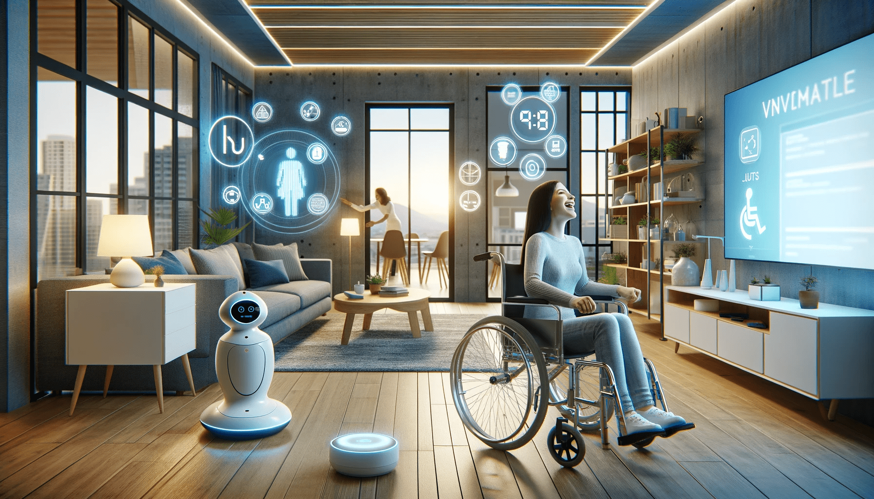  a joyful person in a wheelchair in a modern, AI-enhanced living space, highlighting the comfort and accessibility of the environment. A young woman looks at a screen, the room is modern with a woooden floor and pastel furnishings. They is a small assitant robot droid in the room.