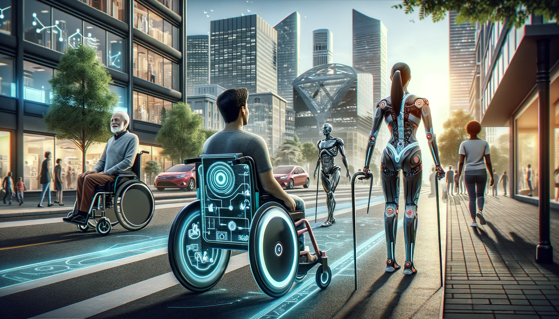 A futuristic depiction of AI-powered mobility aids, like a smart wheelchair and an exoskeleton, enhanced with AI for improved navigation and ease of use