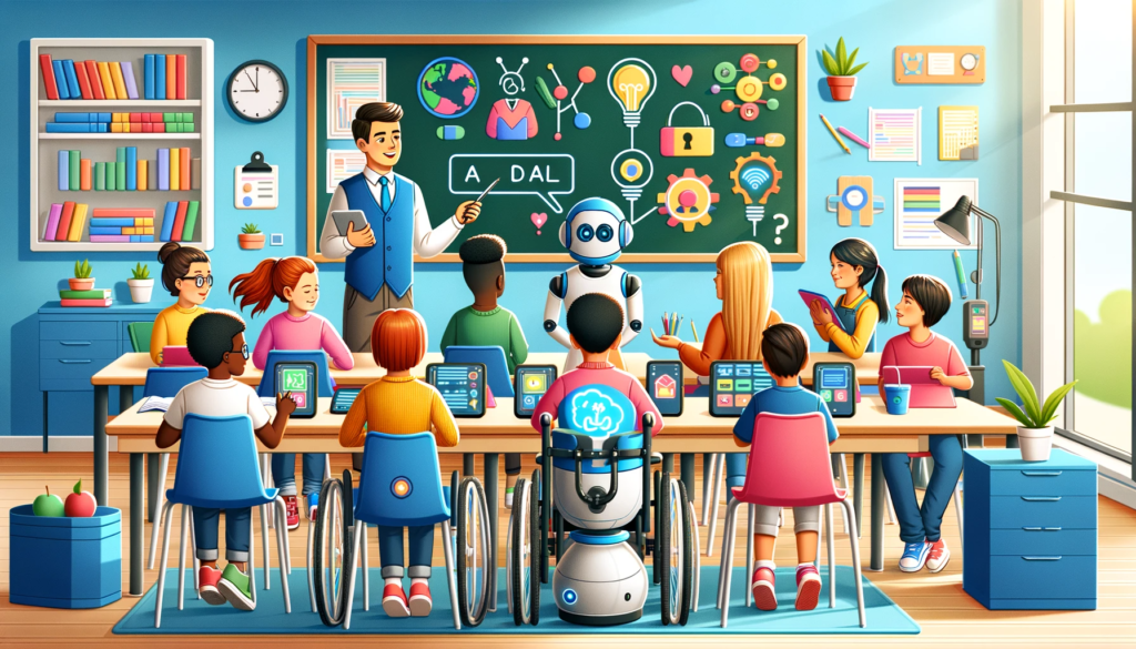 An inclusive classroom setting where a diverse group of students, including disabled students, are engaging with AI-enabled educational tools