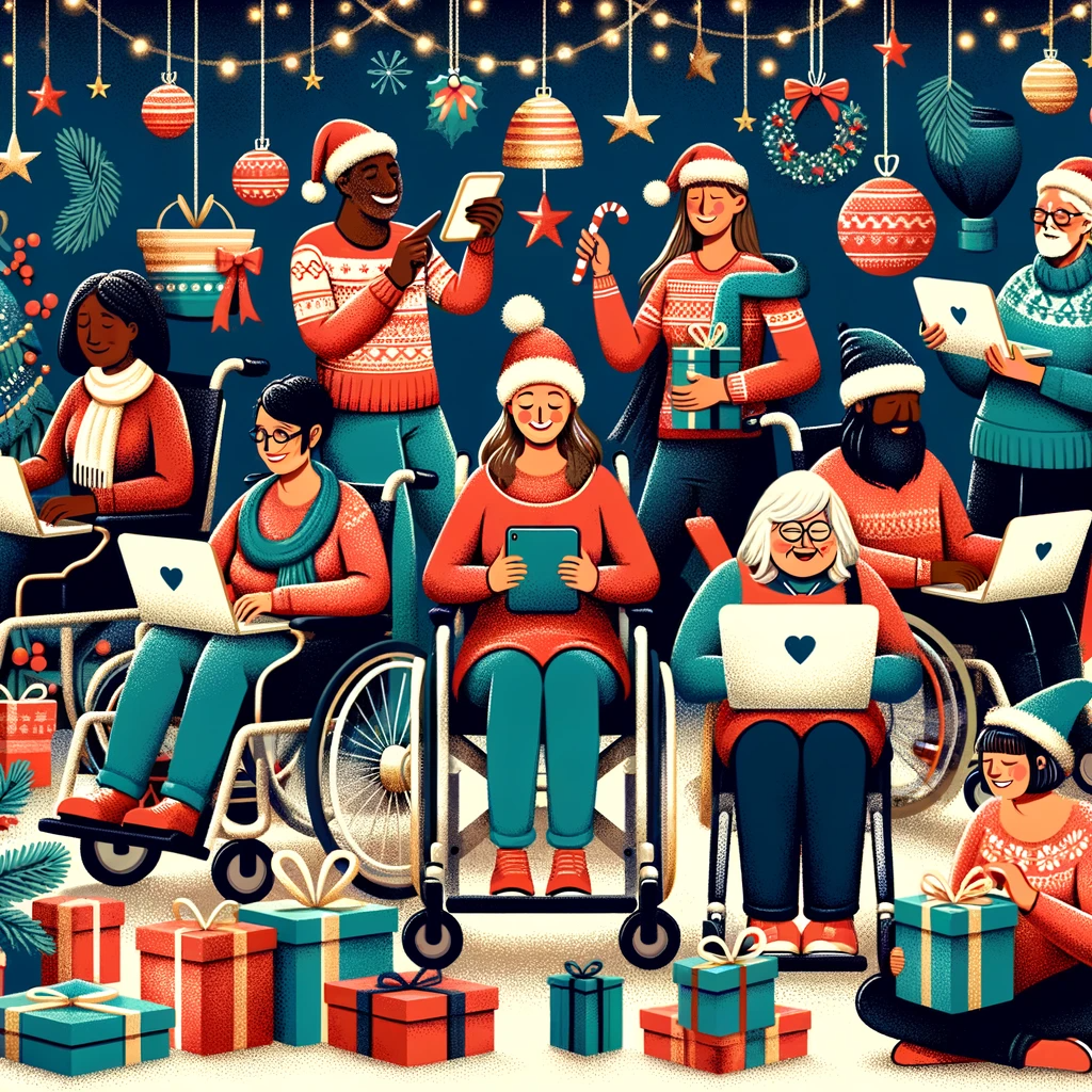 A festive holiday themed image featuring diverse disabled people joyously shopping online for useful items.