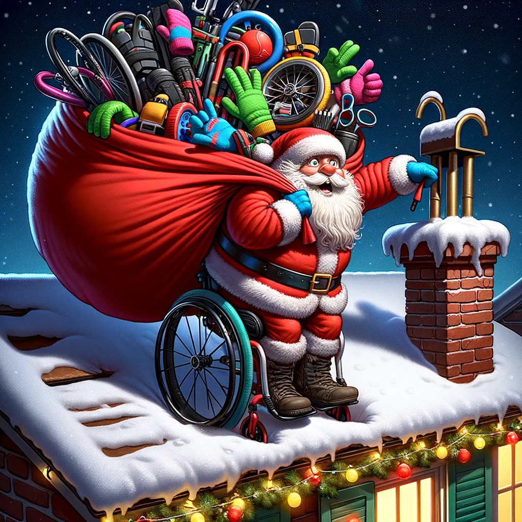 Santa Claus humorously trying to get down a chimney with a sack full of wheelchair accessories.