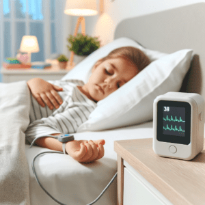 a child, appearing healthy and comfortable, lying in bed in a child's bedroom with a small finger pulse oximeter attached via a cable