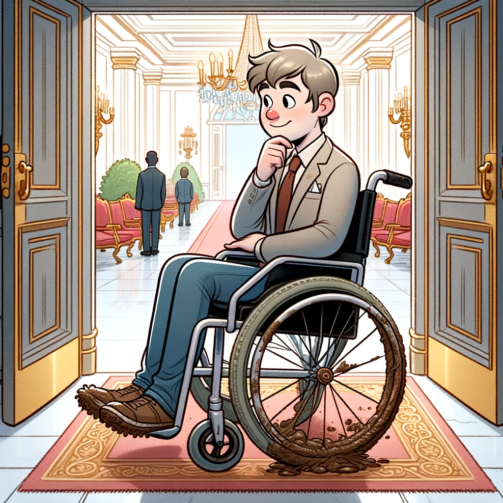cartoon image of a wheelchair user in smart clothes about to enter a room with muddy wheels
