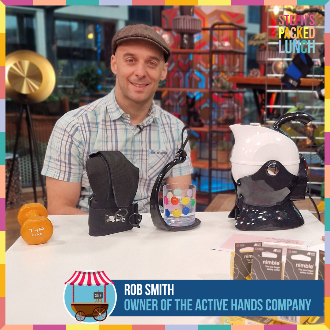 Rob Smith the inventor of Active Hands shows some of the products he sell in a tv studio