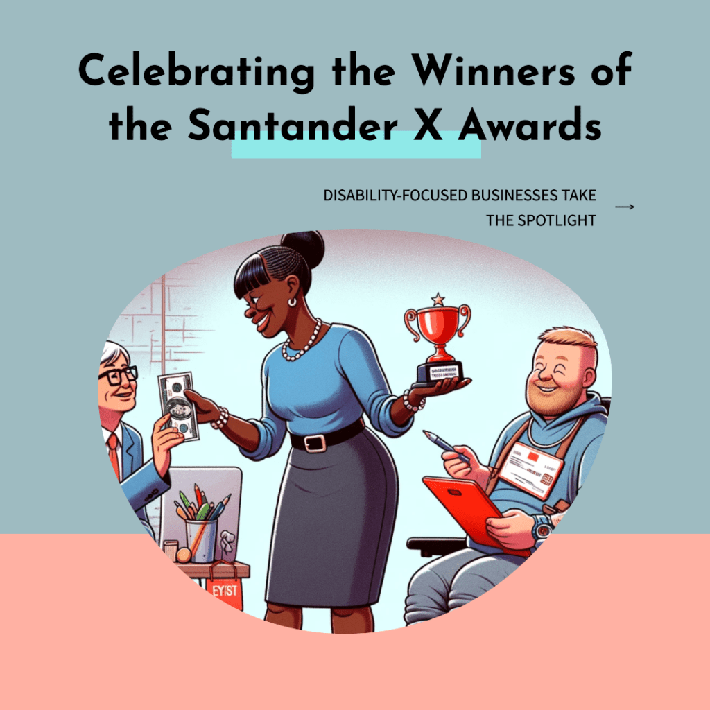 Here's the revised cartoon, featuring a black woman banker presenting an award to a middle-aged, white man on a mobility scooter and a young white woman fashion designer. The image conveys a cheerful and supportive mood, celebrating the diversity of entrepreneurial ventures.