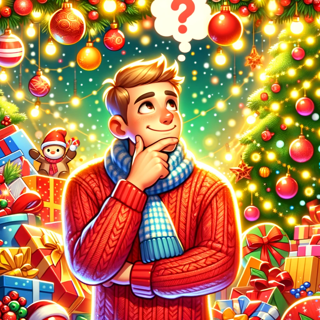 A bright and cheerful cartoon of a person in a festive Christmas setting, deep in thought about what gifts to buy. The person is shown with a thoughtful expression, surrounded by Christmas decorations like lights, a tree, and ornaments. The background should be vibrant and festive, conveying a sense of holiday cheer and the excitement of finding the perfect gift. The image focuses on the joy and warmth of the holiday season, without depicting any specific items or text, to provide a generic yet festive representation of holiday gift-giving.