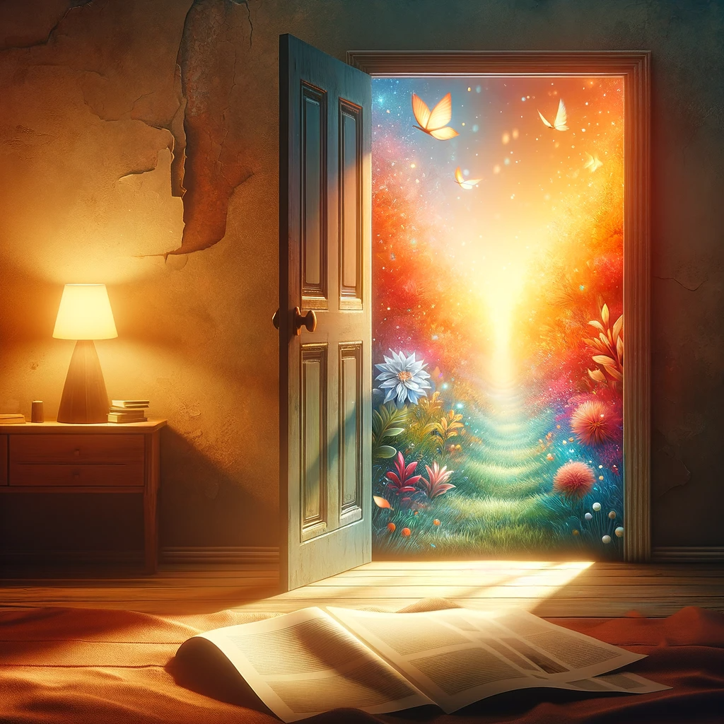  showing a symbolic, partially open doorway. The foreground features a room with subtle hints of the past, such as a closed magazine, bathed in a warm, gentle light. The doorway leads to a brightly lit, vibrant landscape full of colors and life, symbolizing hope, new beginnings, and resilience in the face of change.