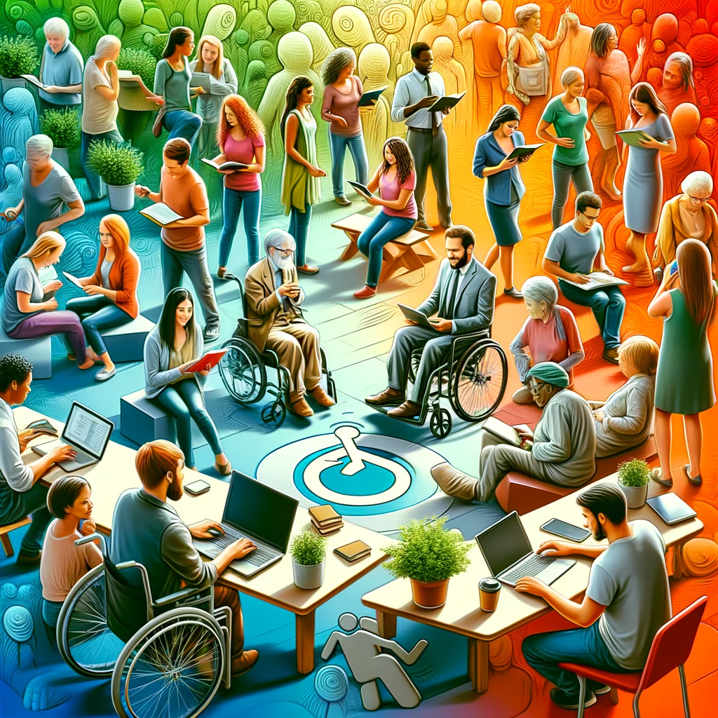 A scene depicting a diverse group of people of different ages, genders, and ethnicities, subtly including disabled people, each engaged with various forms of media like books, laptops, and smartphones. The environment is friendly and collaborative, symbolizing the inclusivity and wide reach of guest posting