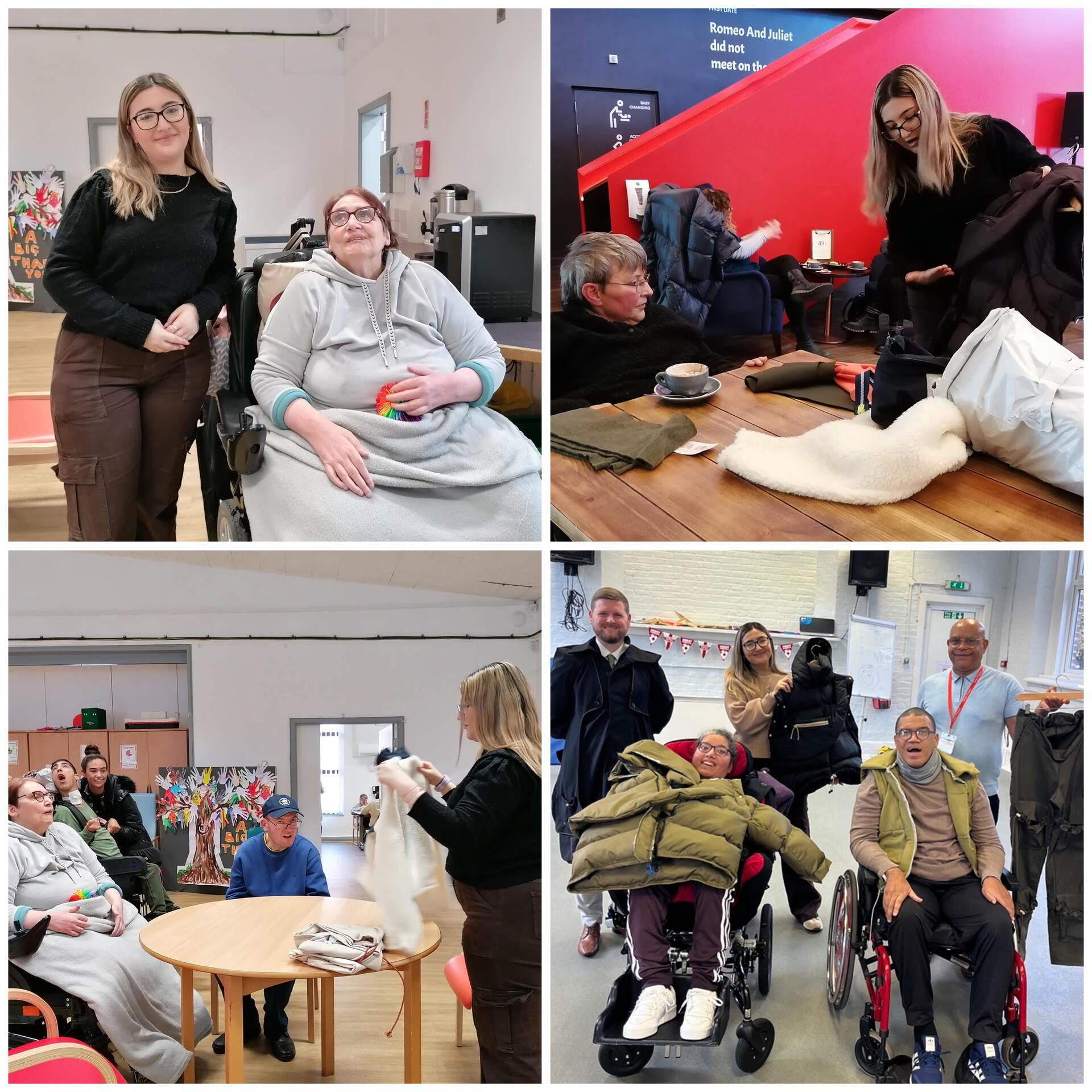 compostie of four images of designer Hannan Tantush from intotum with disabled people trying clothes designs that are adaptive
