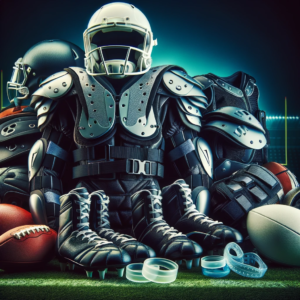 image showcasing a variety of protective sports gear used in rugby and American sports to prevent injury, highlighting the importance of safety and protection in these high-contact sports