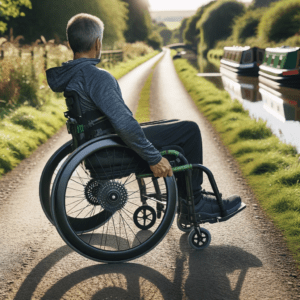 wheelchair user on a flat country a canal towpath. dressed in outdoor sports clothing, prepared for a journey along the lane. The surrounding scenery includes lush greenery and a tranquil canal