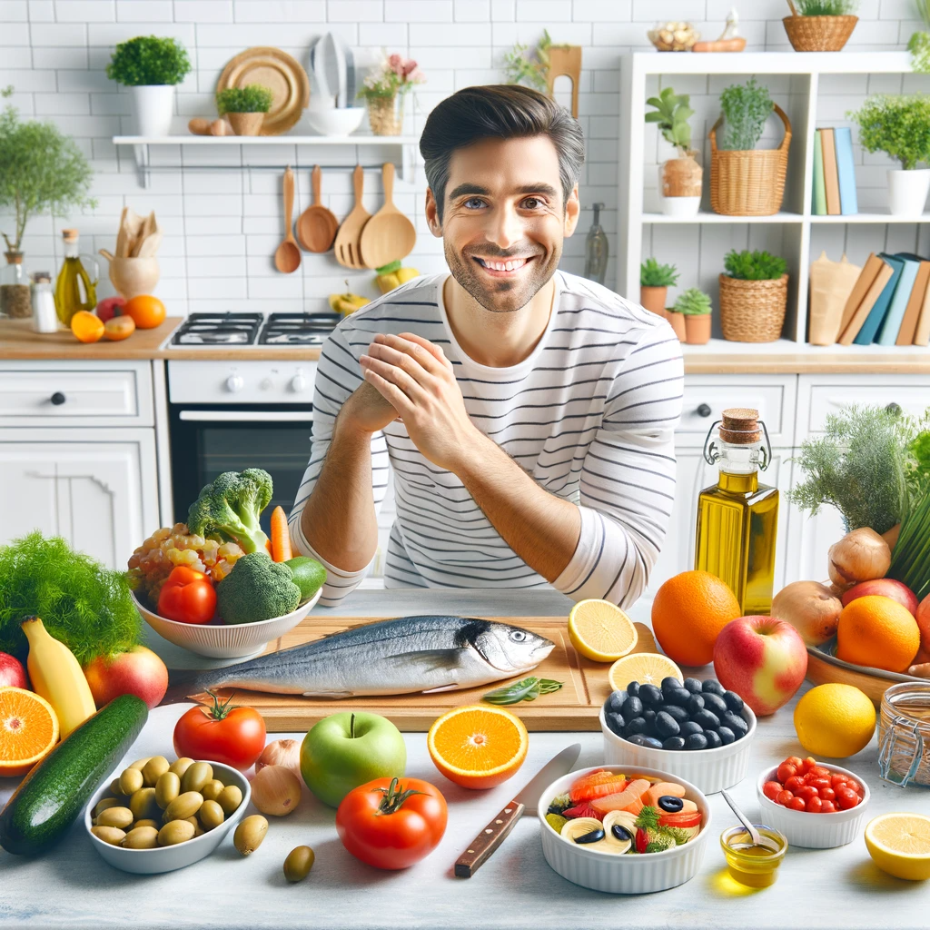 a bright and inviting kitchen scene with a Mediterranean diet-inspired meal, symbolizing a healthy lifestyle for Rheumatoid Arthritis on RA Awareness day.