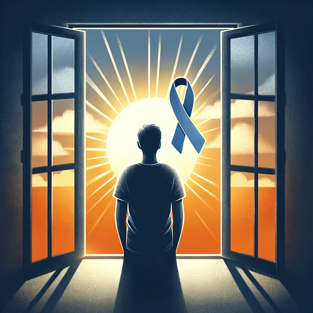 A male silhouette at an open window with the sun sunning and an RA awareness ribbon. It conveys a message of hope and a brighter future for individuals living with Rheumatoid Arthritis. 