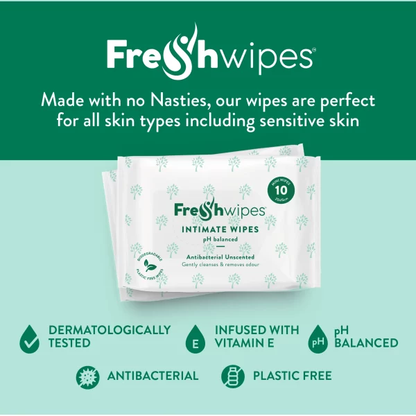 Text panel: Freshwipes made with no nasties, are perfect for all skin types including sensitives skin