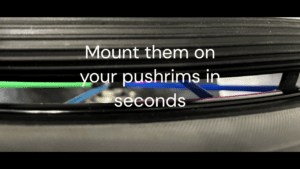grooved pushrims shown on a wheel. Text overlay "Mount your pushrims in seconds"